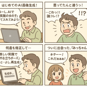 みっちゃん誕生のストーリーを描いた4コマ漫画