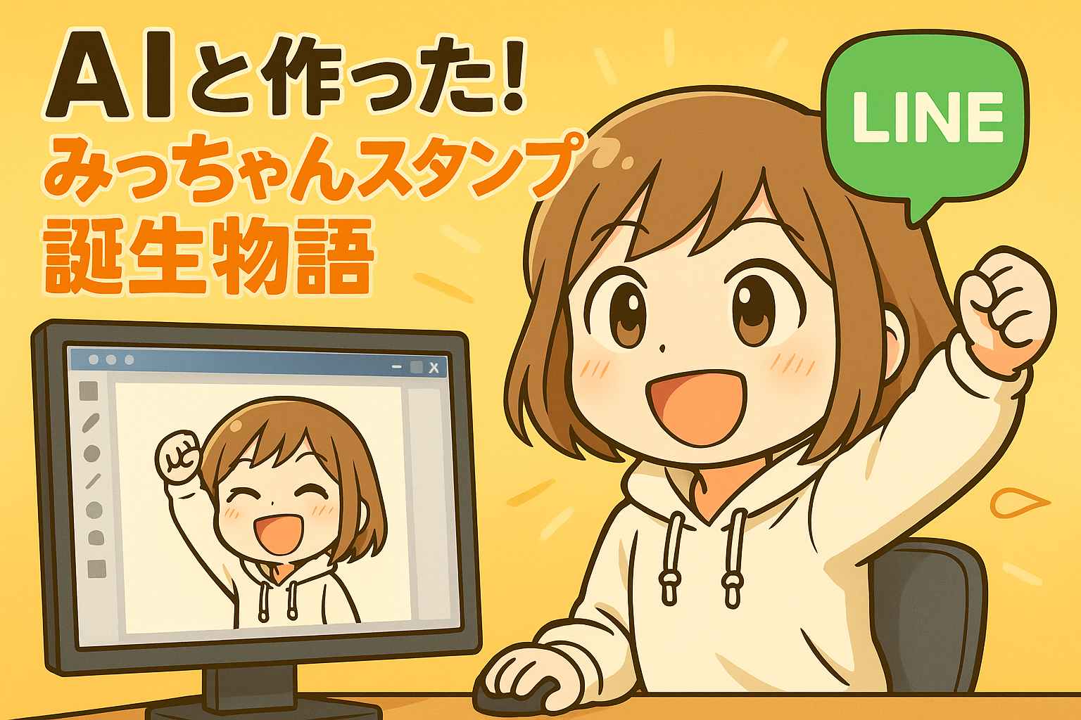 パソコン画面に映る自分のスタンプを見て喜ぶ、白いパーカー姿のみっちゃんのイラスト