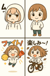 4つの表情と動きで構成された、みっちゃんの進化がわかる4コマ風イラスト