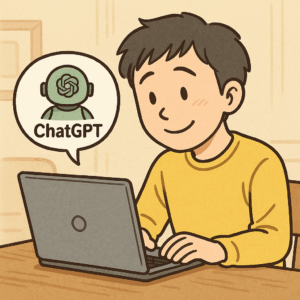ChatGPTと初めて会話する青年のイラスト