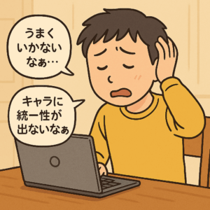 AIとのやりとりに苦戦している青年のイラスト