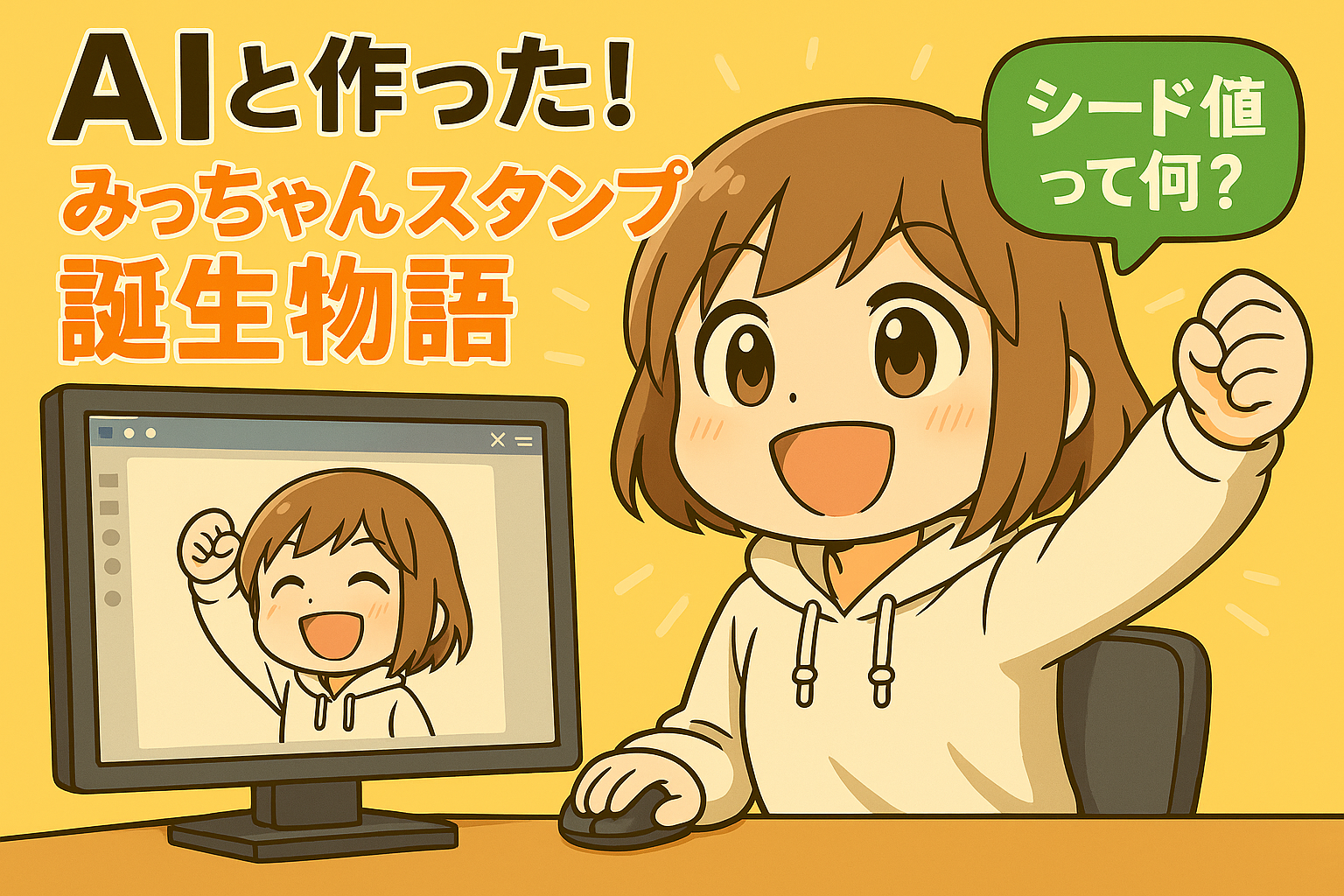 AIと一緒にLINEスタンプを制作する女の子・みっちゃんが、「シード値って何？」と問いかけるアイキャッチ画像