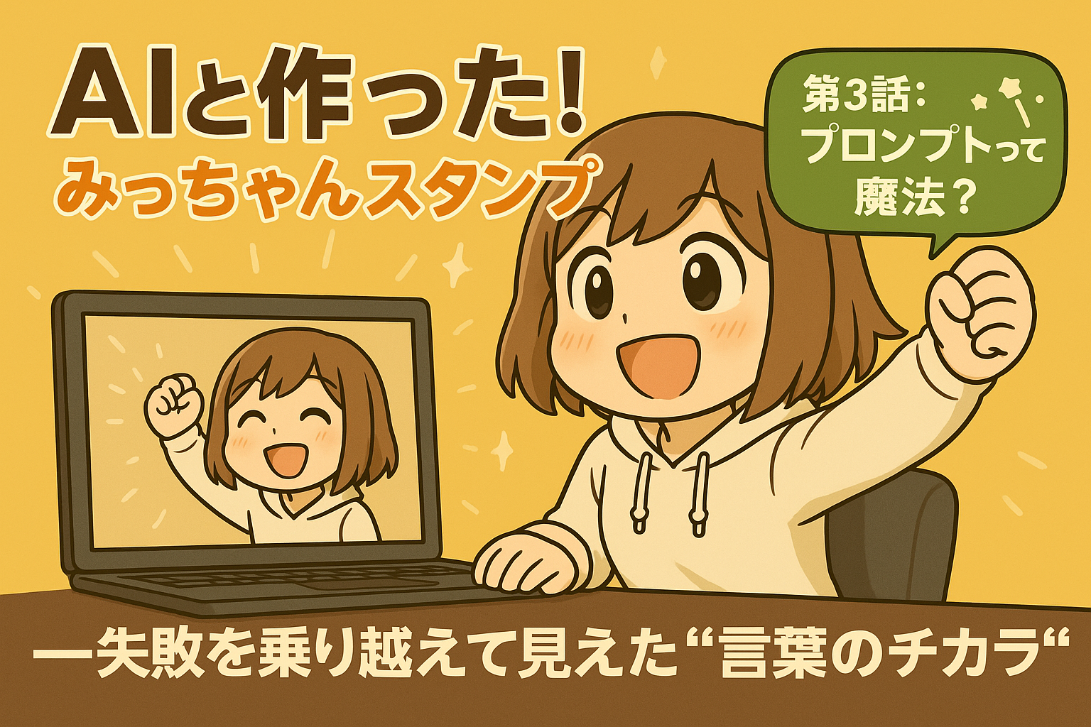 みっちゃんが元気よく「プロンプトって魔法？」と問いかける、明るくポップな第3話のアイキャッチ画像。