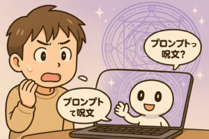 プロンプトって呪文？と驚く若者と、パソコン画面の中で笑顔で応えるAIキャラクターのイラスト