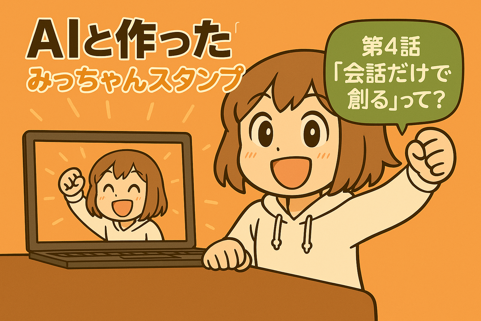 「AIと作った！みっちゃんスタンプ　第4話『会話だけで創る』って？　みっちゃんが笑顔でポーズを決めているイラスト」