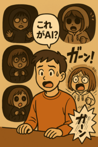 中央で驚くトシの周囲を、ホラー風に生成された失敗作のみっちゃんたちが取り囲む。吹き出しには「これがAI?」、さらに「ガーン!」の表現も添えられている。