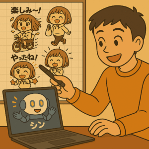 パソコン画面の「シン」と笑顔でやりとりする男性が、壁のホワイトボードに貼られたみっちゃんのスタンプ案を指差している様子。